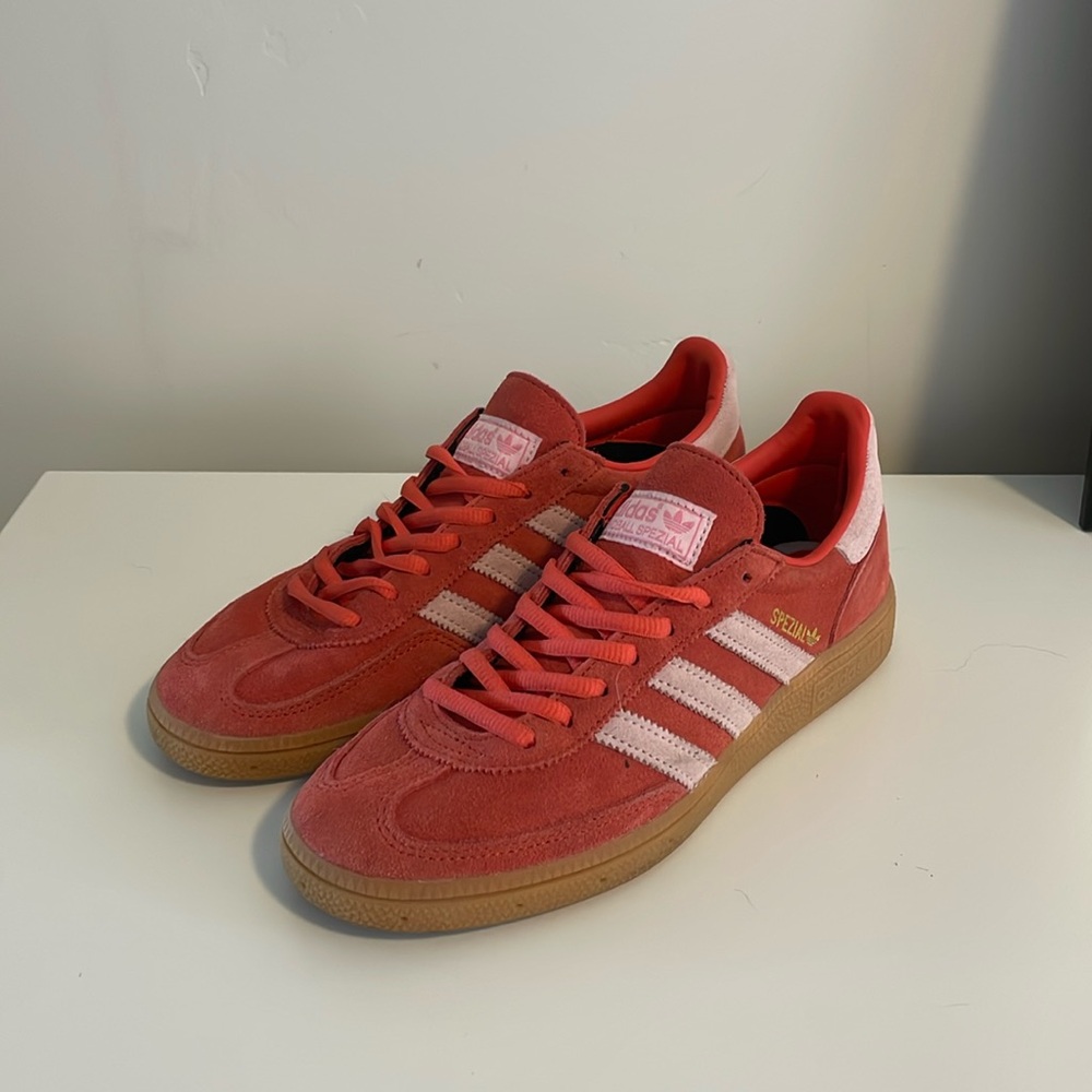 Adidas Spezial red suede with pink laces and stripes. Size 7 US women (5.5 UK)